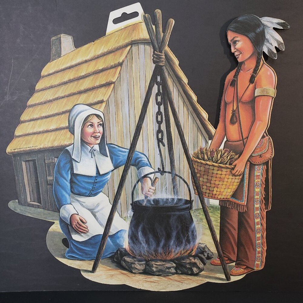 Vintage 90s Thanksgiving Die Cut School Room Decor Native American Pilgrim